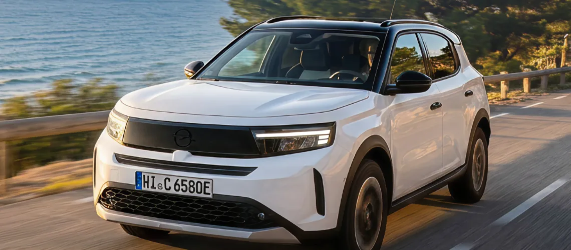 Opel Frontera w kolorze białym na nadmorskiej drodze
